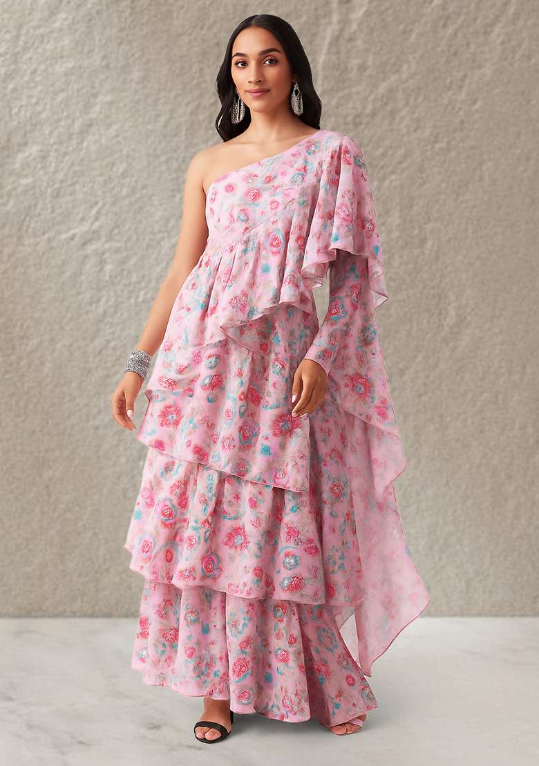 Pink Floral Printed Chinon Pre Draped Saree Set - Indya