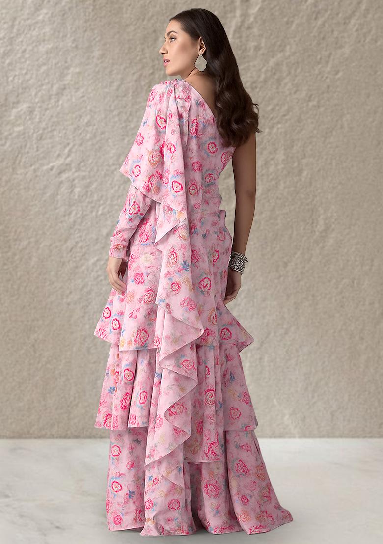 Pink Floral Printed Chinon Pre Draped Saree Set - Indya