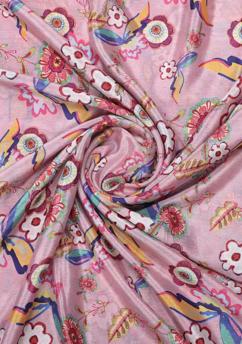 Pink Floral Printed Chinon Pre Draped Saree Set - Indya
