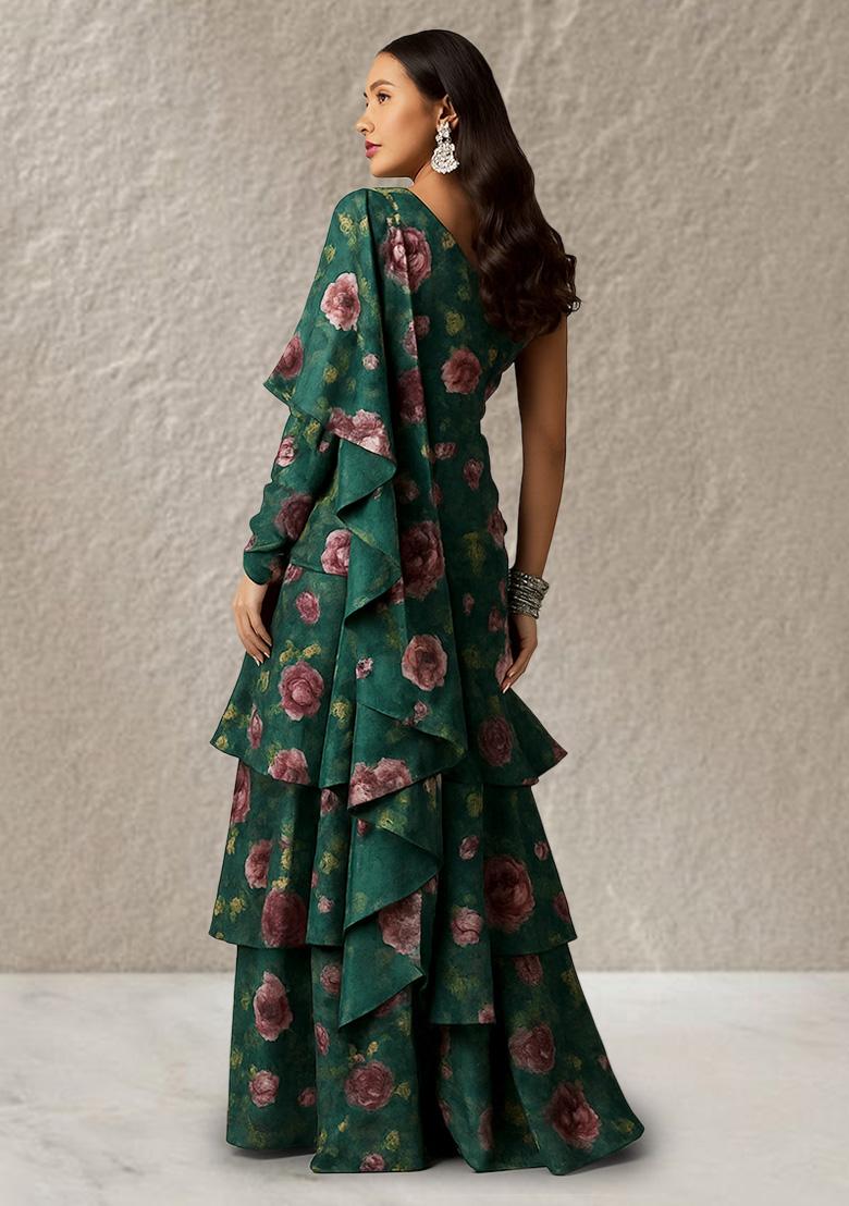 Bottle Green Chinon Floral Printed Pre Draped Saree Set - Indya