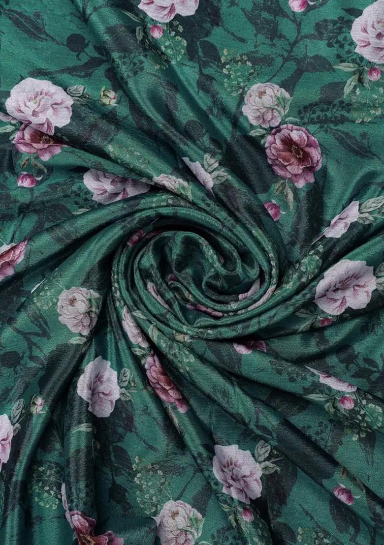 Bottle Green Chinon Floral Printed Pre Draped Saree Set