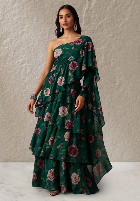 Bottle Green Chinon Floral Printed Pre Draped Saree Set