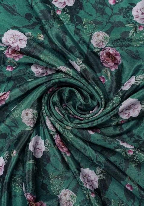 Bottle Green Chinon Floral Printed Pre Draped Saree Set