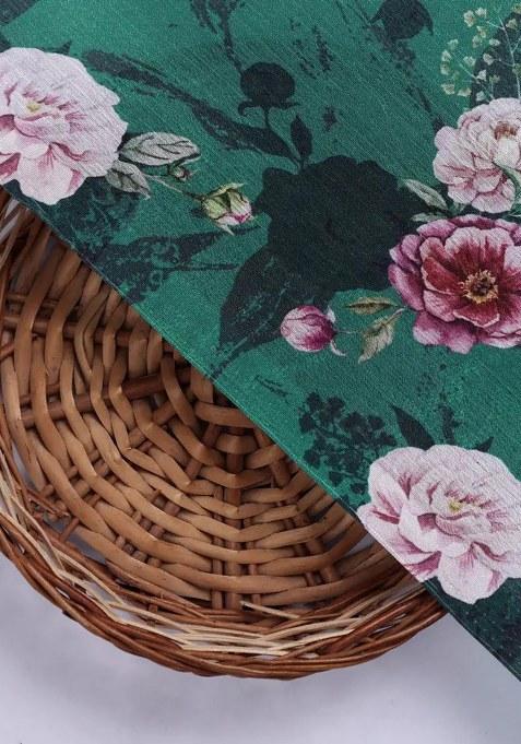 Bottle Green Chinon Floral Printed Pre Draped Saree Set