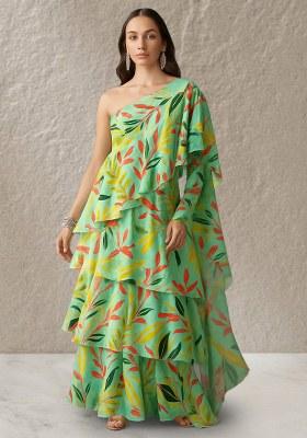 Sea Green Chinon Leaf Printed Pre Draped Saree Set
