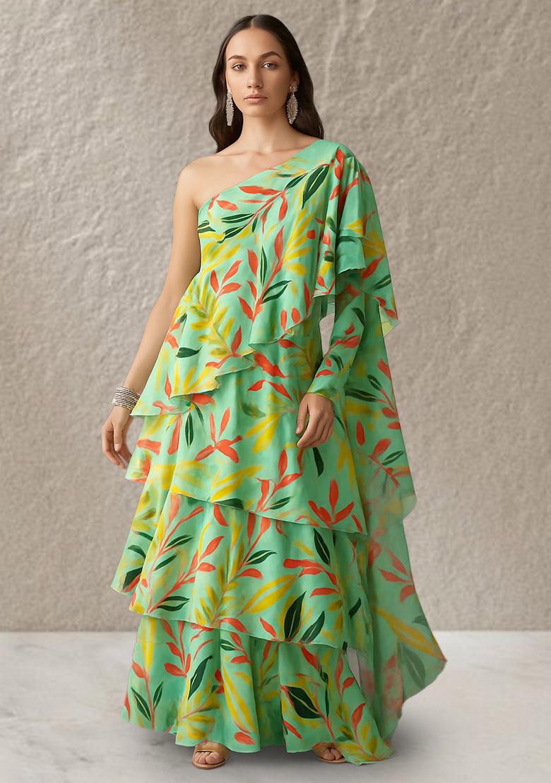 Sea Green Chinon Leaf Printed Pre Draped Saree Set