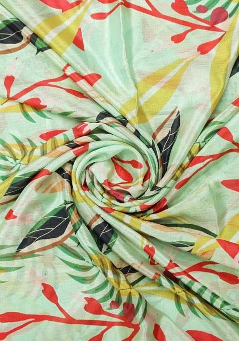 Sea Green Chinon Leaf Printed Pre Draped Saree Set