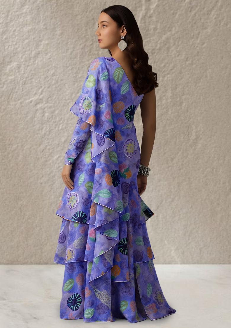 Lavender Chinon Leaf Printed Pre Draped Saree Set - Indya