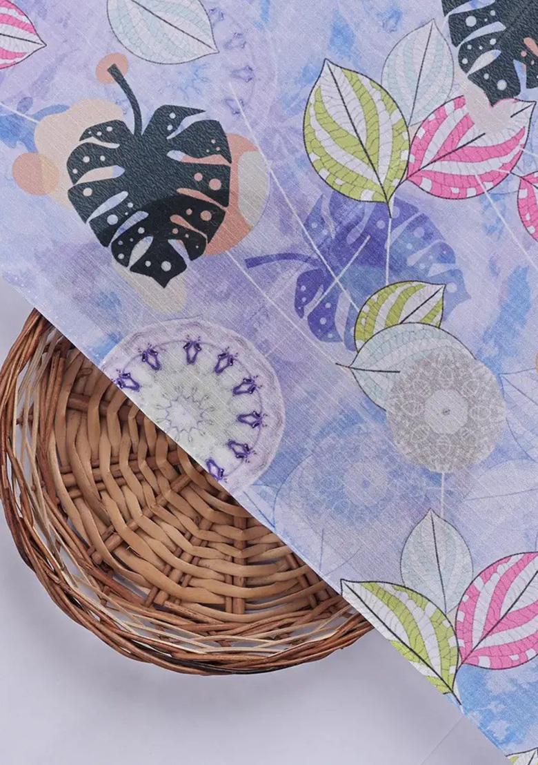 Lavender Chinon Leaf Printed Pre Draped Saree Set - Indya