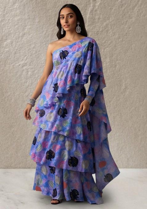 Lavender Chinon Leaf Printed Pre Draped Saree Set