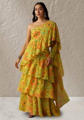 Yellow Abstract Printed Chinon Pre Draped Saree Set