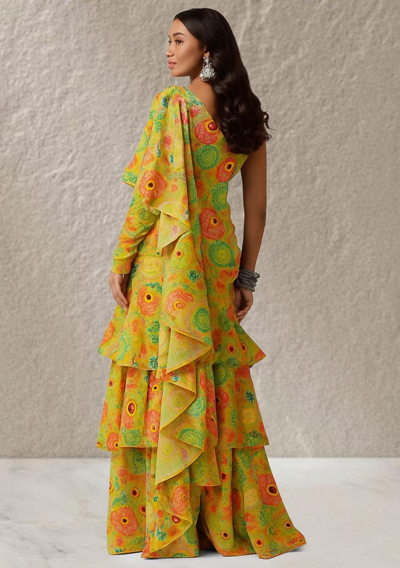 Yellow Abstract Printed Chinon Pre Draped Saree Set - Indya