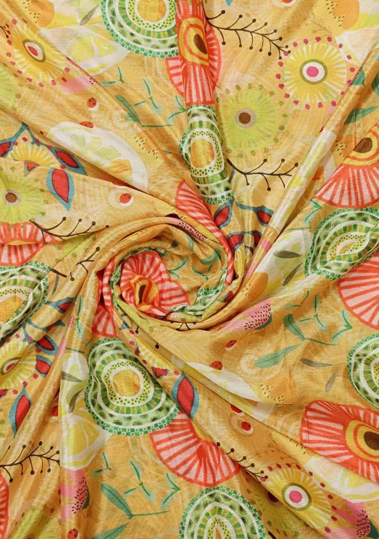 Yellow Abstract Printed Chinon Pre Draped Saree Set