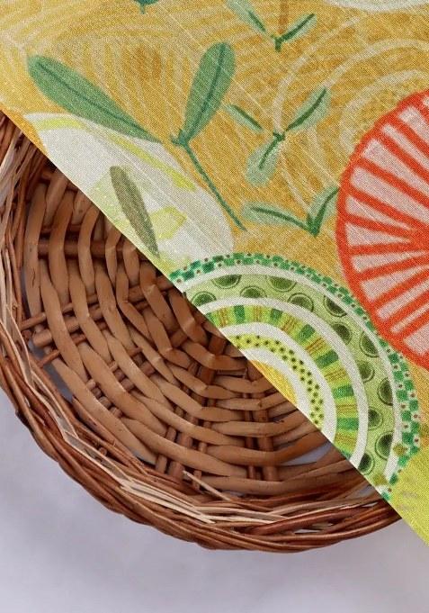 Yellow Abstract Printed Chinon Pre Draped Saree Set