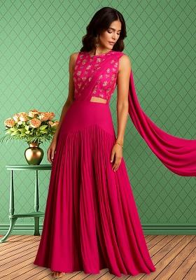 Hot Pink Embroidered Blouse Georgette Lehenga Set