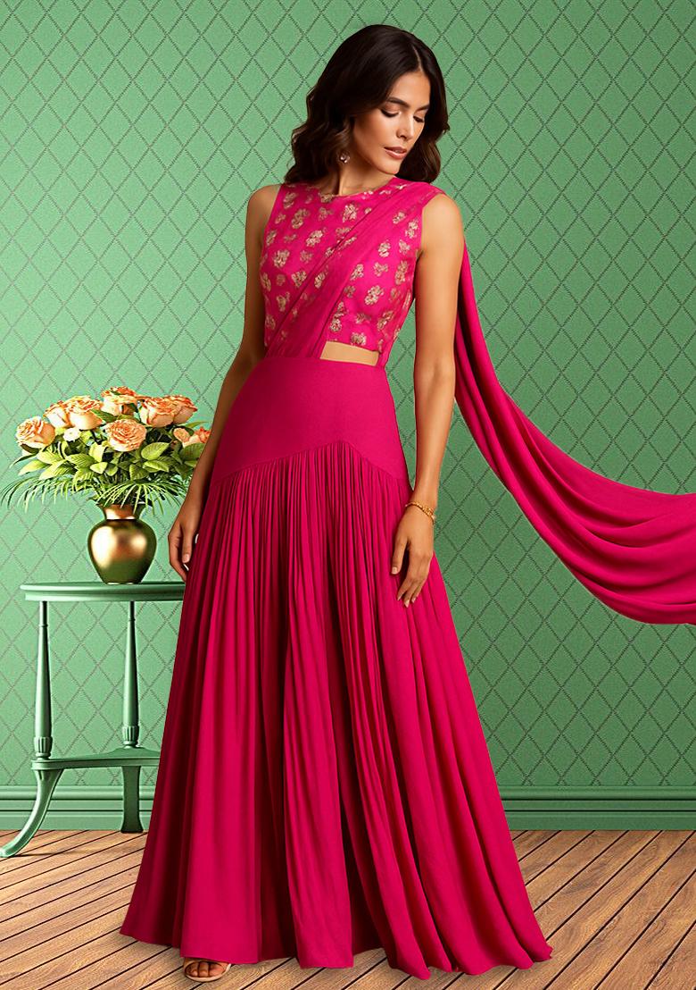 Hot Pink Embroidered Blouse Georgette Lehenga Set