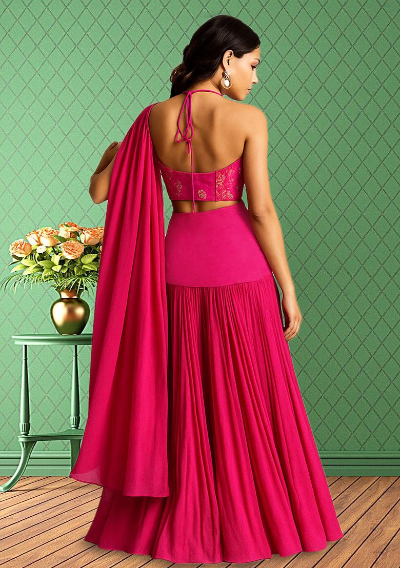 Hot Pink Embroidered Blouse Georgette Lehenga Set - Indya