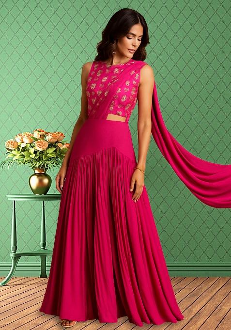 Hot Pink Embroidered Blouse Georgette Lehenga Set