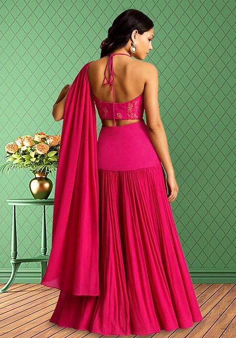 Hot Pink Embroidered Blouse Georgette Lehenga Set