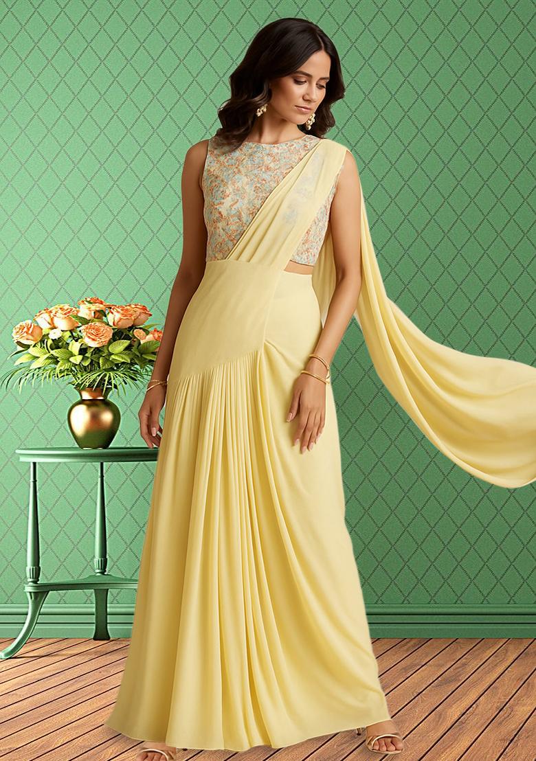 Pastel Yellow Embellished Blouse Georgette Lehenga Set