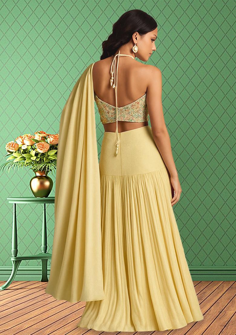Pastel Yellow Embellished Blouse Georgette Lehenga Set - Indya