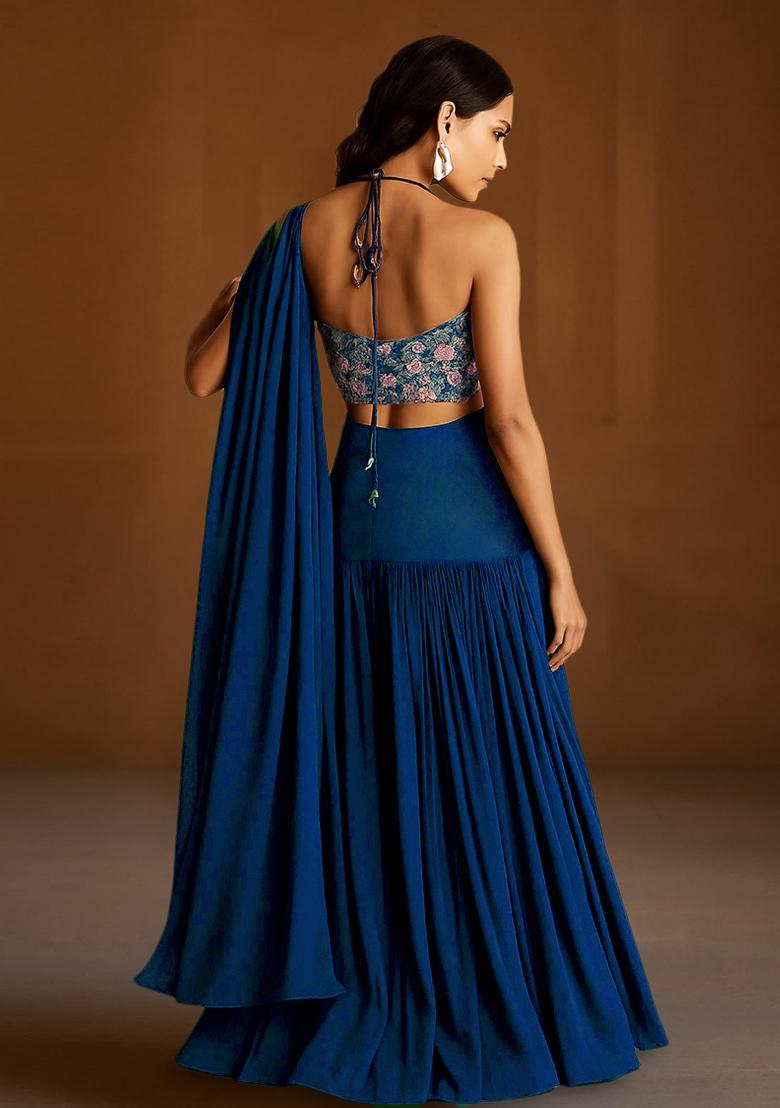 Dark Blue Sequin Embroidered Blouse Georgette Lehenga Set - Indya