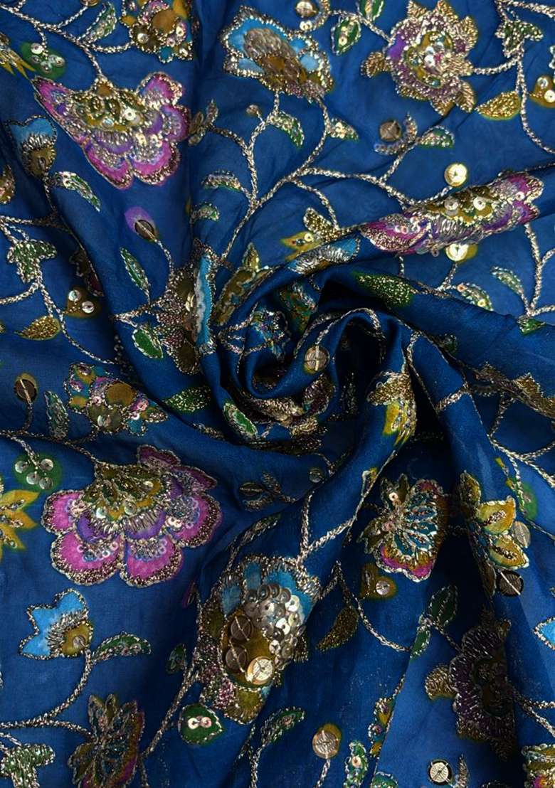 Dark Blue Sequin Embroidered Blouse Georgette Lehenga Set - Indya