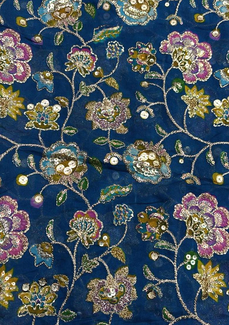 Dark Blue Sequin Embroidered Blouse Georgette Lehenga Set - Indya