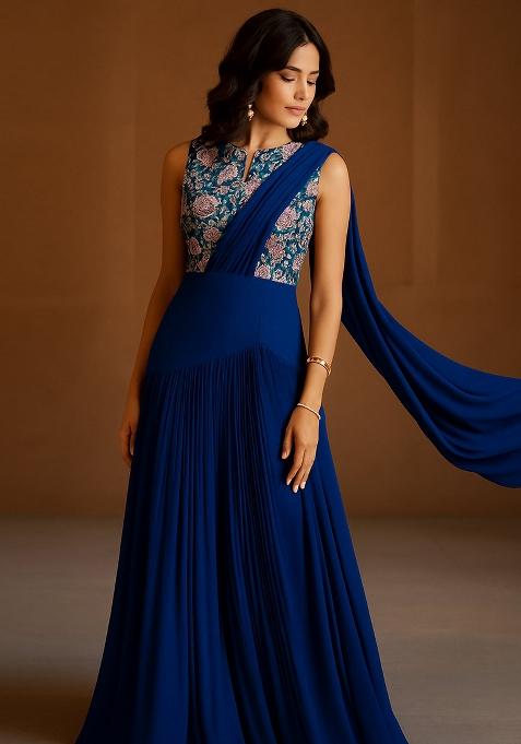 Dark Blue Sequin Embroidered Blouse Georgette Lehenga Set