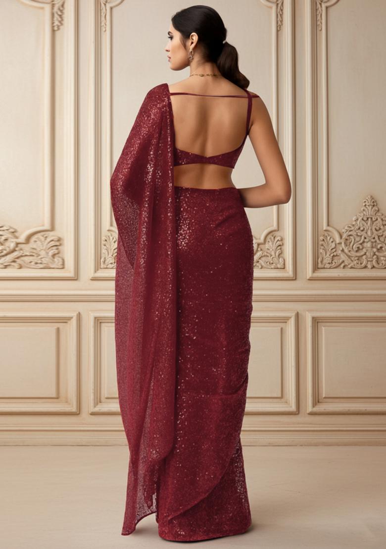 Maroon Sequins Embroidery Net Pre Stitched Saree Set - Indya
