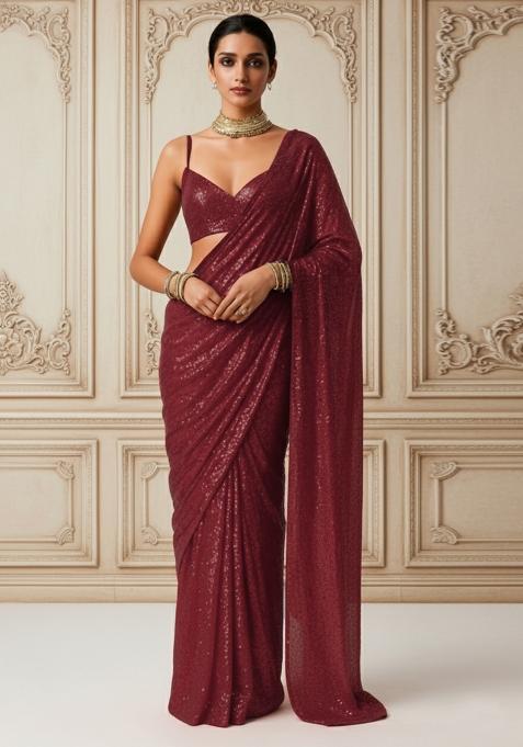 Maroon Sequins Embroidery Net Pre Stitched Saree Set