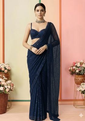 Blue Sequins Embroidery Net Pre Stitched Saree Set