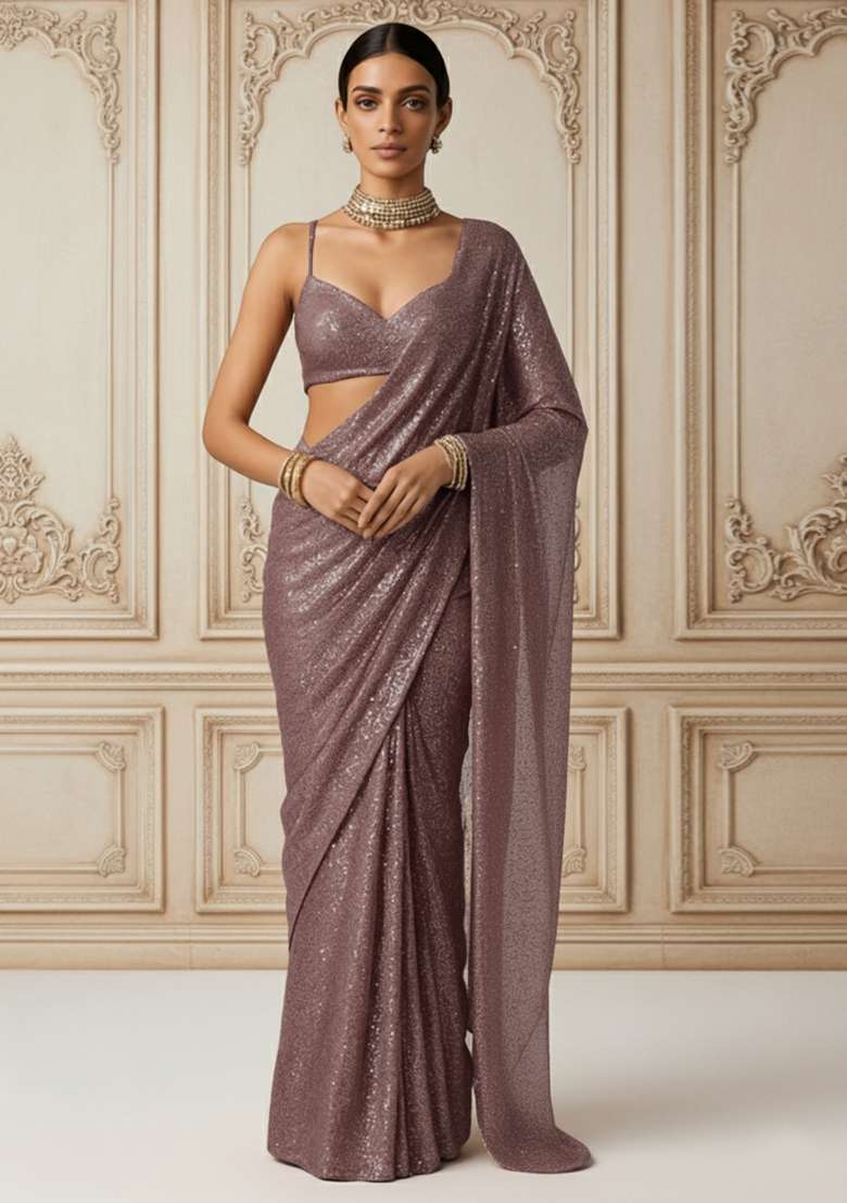 Mauve Sequins Embroidery Net Pre Stitched Saree Set - Indya