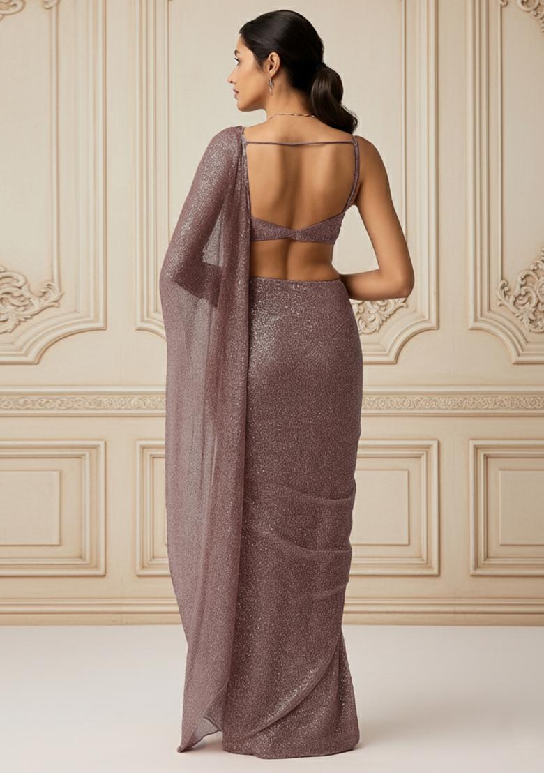 Mauve Sequins Embroidery Net Pre Stitched Saree Set - Indya