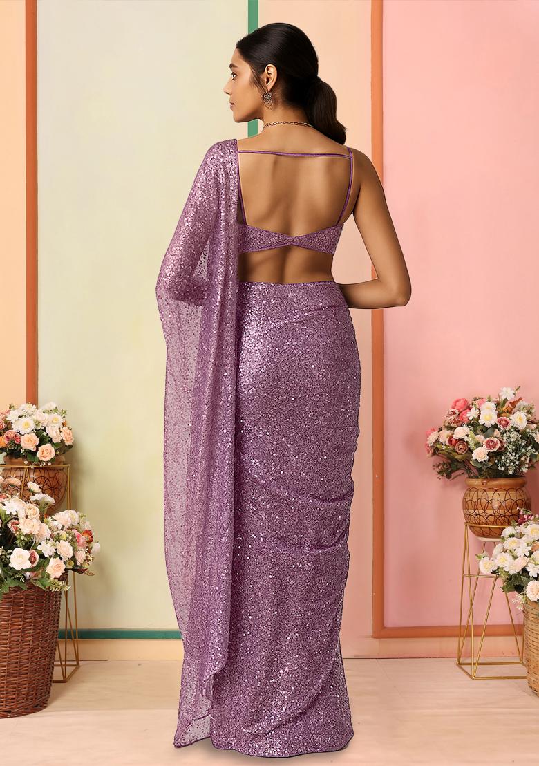 Lavender Sequins Embroidery Net Pre Stitched Saree Set - Indya