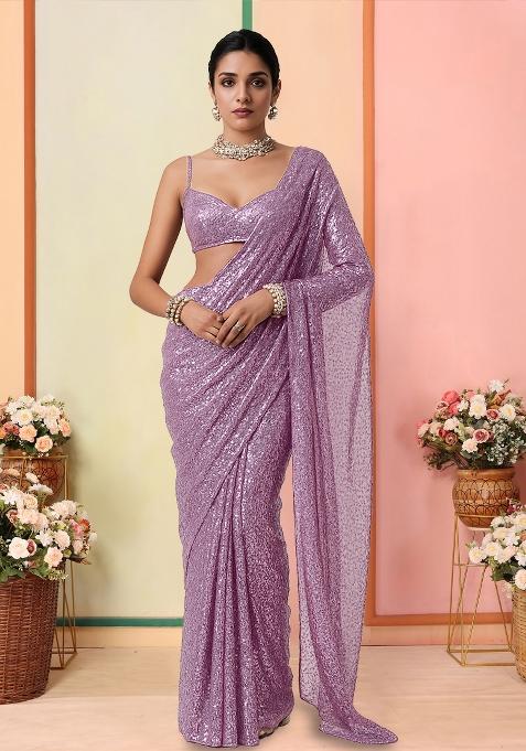 Lavender Sequins Embroidery Net Pre Stitched Saree Set