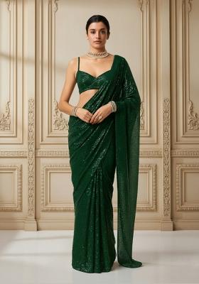 Dark Green Sequins Embroidery Net Pre Stitched Saree Set