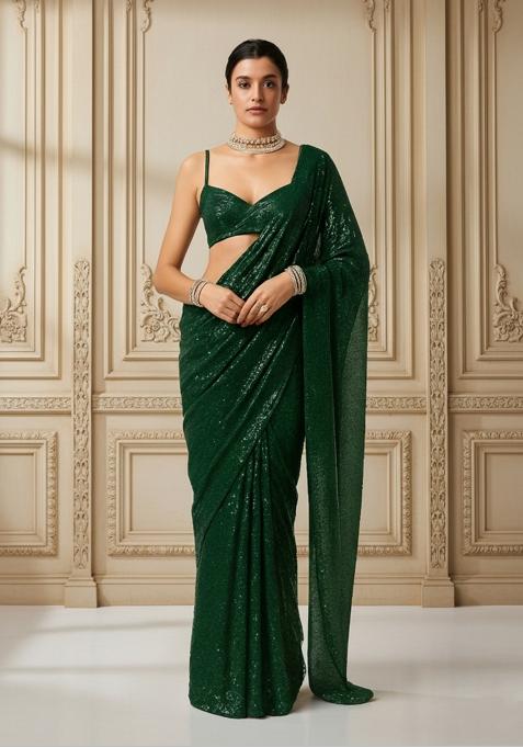 Dark Green Sequins Embroidery Net Pre Stitched Saree Set