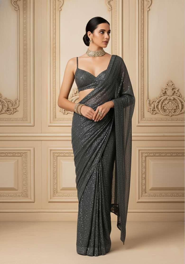 Grey Sequins Embroidery Net Pre Stitched Saree Set - Indya