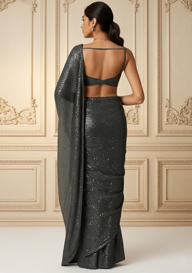 Grey Sequins Embroidery Net Pre Stitched Saree Set - Indya