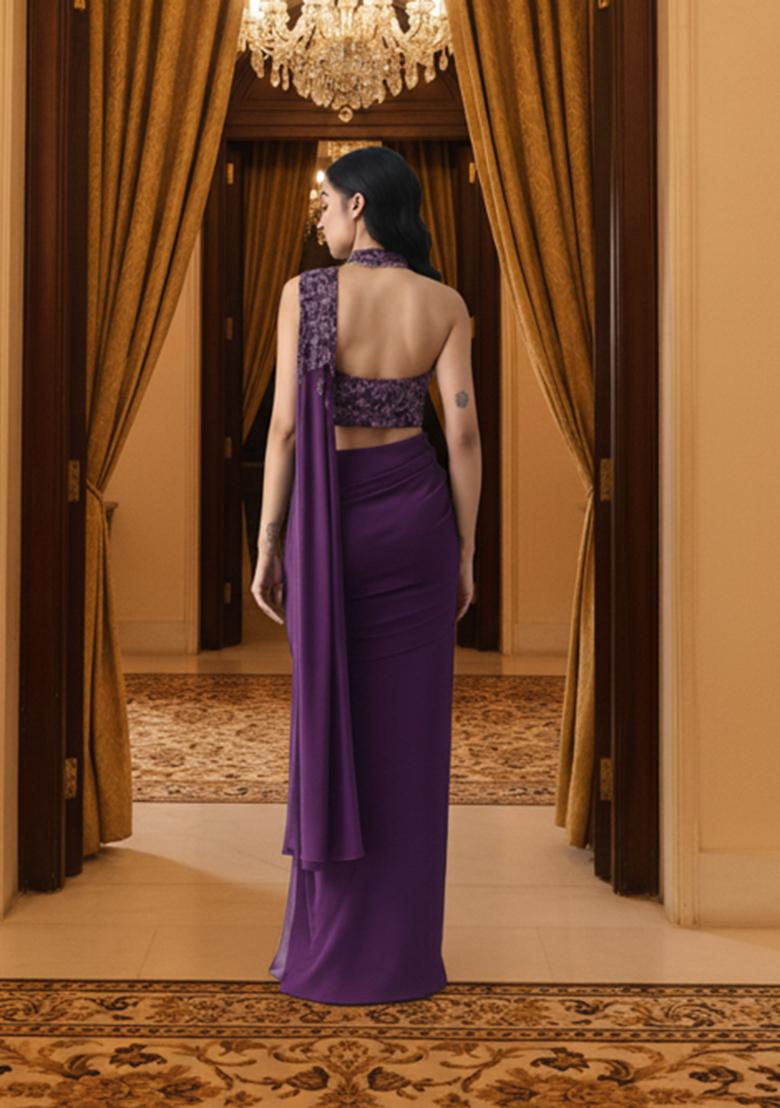 Purple Handwork Embroidery Net Pre Stitched Saree Set - Indya