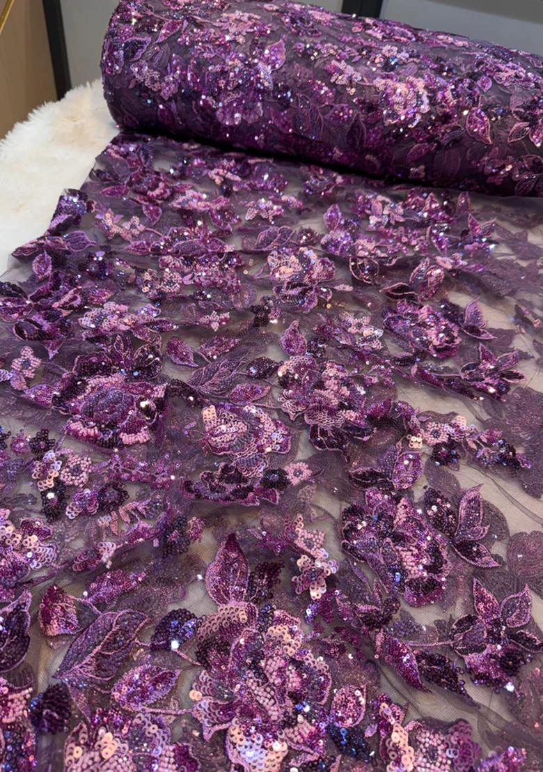 Purple Handwork Embroidery Net Pre Stitched Saree Set - Indya