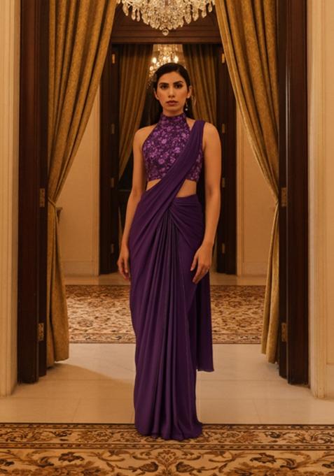 Purple Handwork Embroidery Net Pre Stitched Saree Set