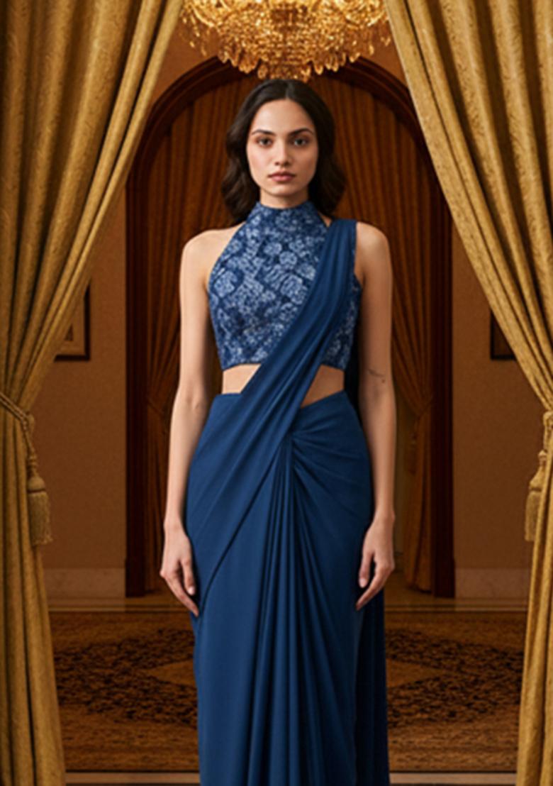 Blue Handwork Embroidery Net Pre Stitched Saree Set - Indya