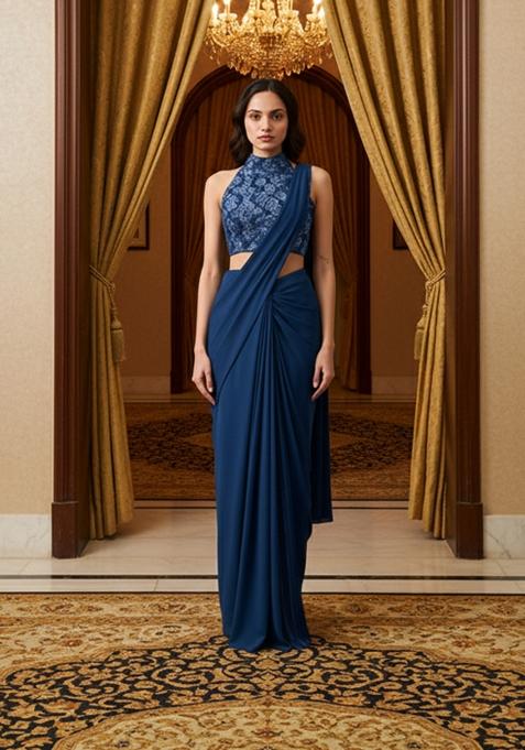 Blue Handwork Embroidery Net Pre Stitched Saree Set