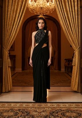 Black Handwork Embroidery Net Pre Stitched Saree Set