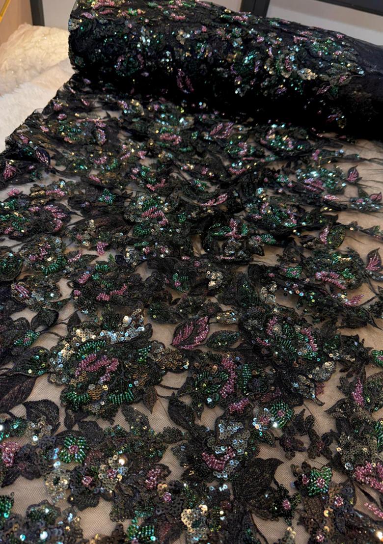 Black Handwork Embroidery Net Pre Stitched Saree Set - Indya