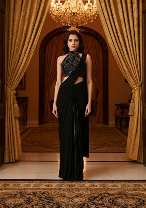 Black Handwork Embroidery Net Pre Stitched Saree Set