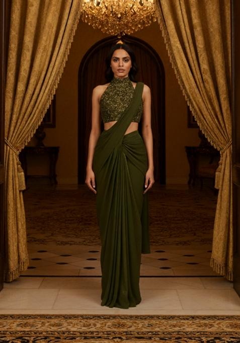 Green Handwork Embroidery Net Pre Stitched Saree Set