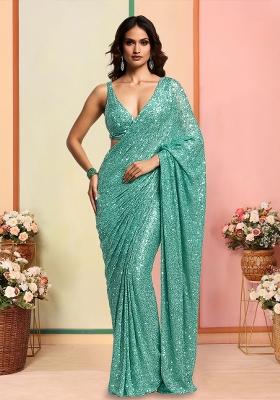 Green Sequins Embroidery Net Pre Stitched Saree Set